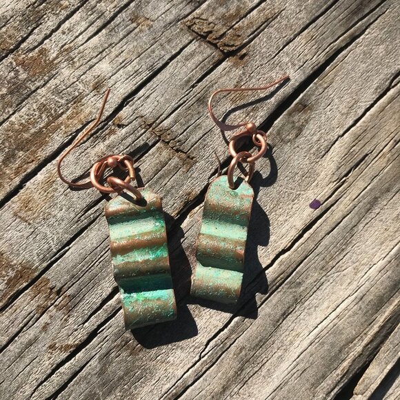 Solid Copper Patina Green Verdigris Earrings Drop Dangle Form Folded Brutalist - Picture 8 of 11